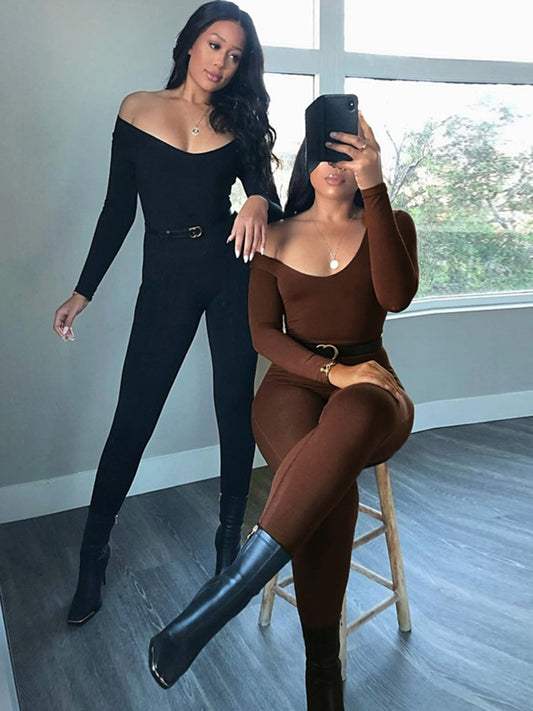 Long Sleeve Slash Neck Skinny Solid Stretchy Bodycon Jumpsuits